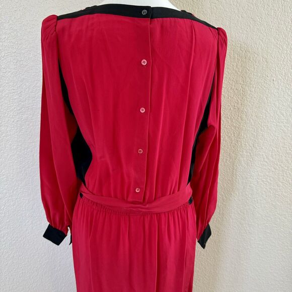 Vintage Horchow Sz 12 Dress 100% Silk Red With Black Accents Drop Waist Sh Pads - Picture 9 of 16